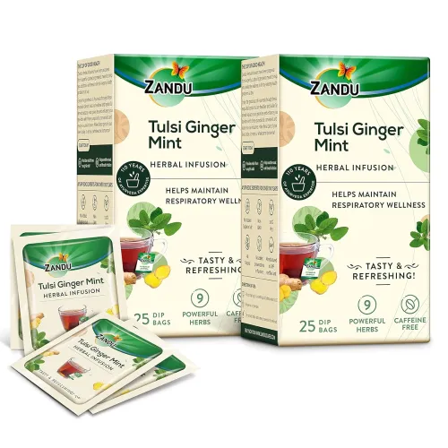Image of Zandu Tulsi Ginger Mint Herbal Infusion, a Herbal Tea Enriched with Ayurvedic Ingredients (Pack of 25 Tea Bags X 2)