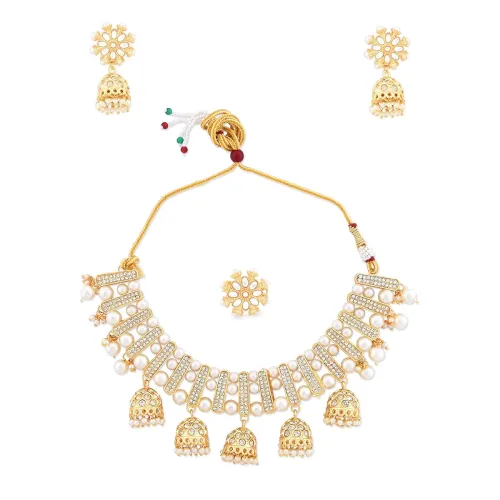 Image of ZAVERI PEARLS Gold Tone Austrian Diamonds Embellished Jhumki Drop Choker Necklace Earring & Ring Set For Women-ZPFK12745