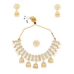ZAVERI PEARLS Gold Tone Austrian Diamonds Embellished Jhumki Drop Choker Necklace Earring & Ring Set For Women-ZPFK12745