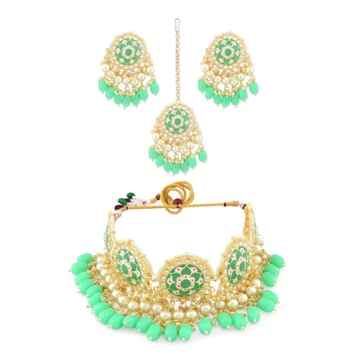 Image of ZAVERI PEARLS Meenakari Choker Necklace Earring Maangtikka & Ring Set For Women