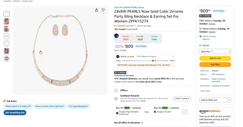 Image of ZAVERI PEARLS Rose Gold Cubic Zirconia Party Bling Necklace & Earring Set