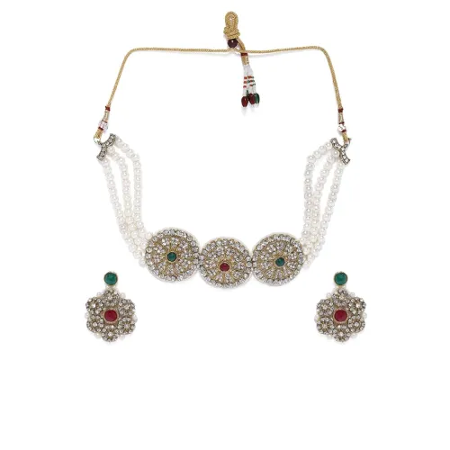 Image of ZAVERI PEARLS Shimmering Austrian Diamonds Studded & Multi Pearl Strands Choker Necklace Set For Women-ZPFK8594