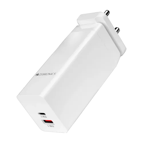 Image of ZEBRONICS 100 W GaN 2.4 A Dual Port Mobile Charger with Detachable Cable (White)