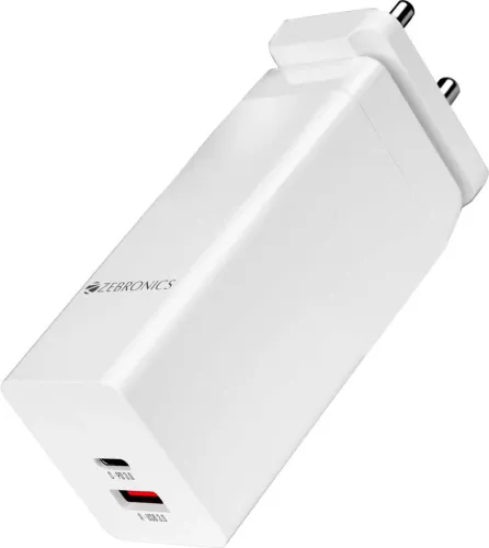 Image of ZEBRONICS 100 W GaN 2.4 A Dual Port Mobile Charger with Detachable Cable (White)