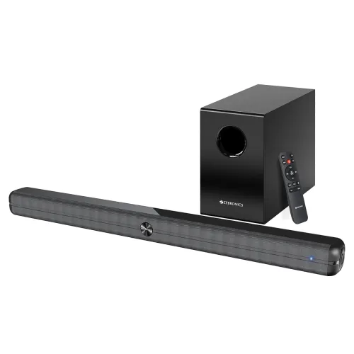 Image of ZEBRONICS 120 Watts Soundbar, Home Theatre, Dual Racetrack Drivers Soundbar, 13.33cm Subwoofer, HDMI ARC, Bluetooth v5.1