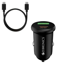 Zebronics 30W Car Charger with Dual-Output - Type-C & USB 1m Type-C Cable