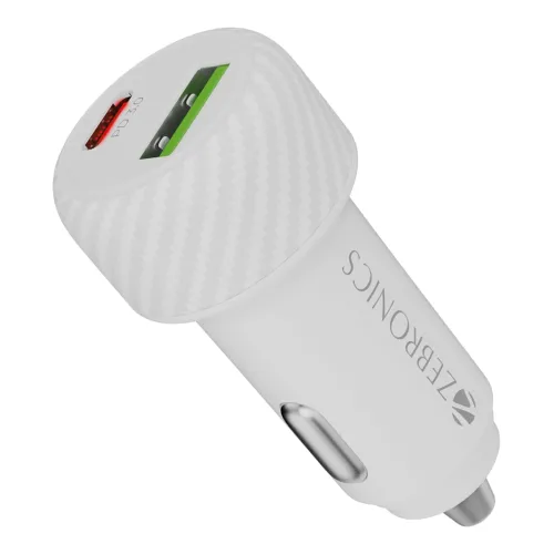 Image of Zebronics 48W Car Charger with Dual Output - Type-C (30W) & USB (18W), PPS Tech, Rapid Charging, LED Indicator, for Smar