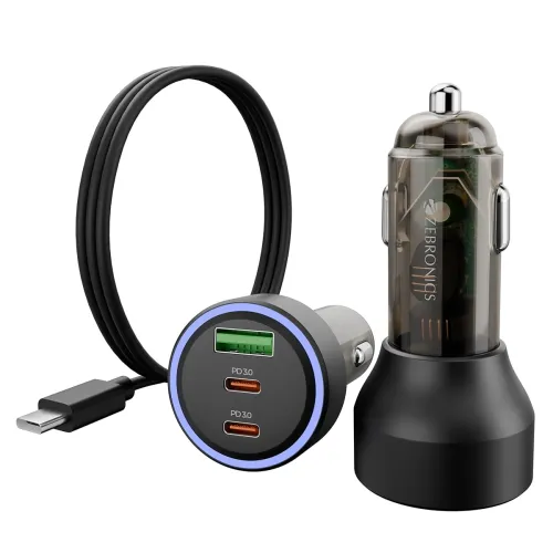 Image of Zebronics 82W Car Charger, Dual Type-C & USB Output, Rapid Charging, Type-C to Type-C Cable 1m, LED Indicator, Multi Pro