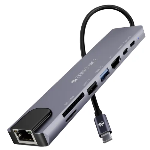 Image of ZEBRONICS CT81, 8 in 1 Multiport HUB, 4K HDMI, 100 Watts PD Charging, USB 3.0, 2X Type C, 2X USB, SD, mSD, RJ45, Compact
