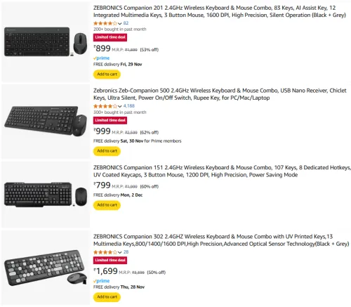 Image of ZEBRONICS Companion Wireless Keyboard & Mouse Combo Starting at ₹799 @ #Amazon