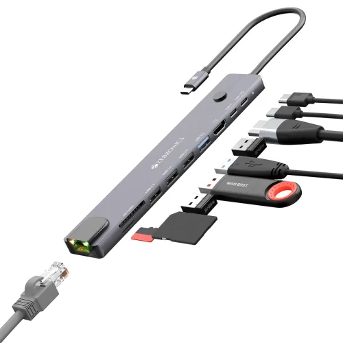 Image of Zebronics 10-in-1 Type-C Multiport Hub, 100W PD Support, 5Gbps Data Transfer, HDMI 1.4 (4K@30Hz) with On/Off Button, USB