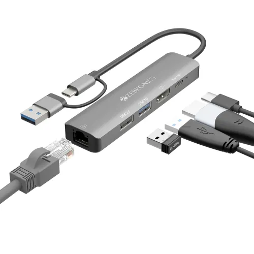 Image of Zebronics CT51 5-in-1 Hub, Dual Interface (USB & Type-C),100W Type-C PD Charging