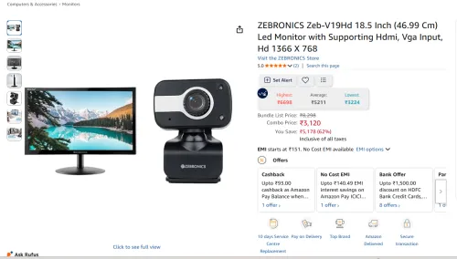 Image of ZEBRONICS Zeb-V19Hd 18.5 Inch Led Monitor with Supporting Hdmi