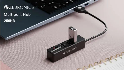 Image of ZEBRONICS Multiport HUB, 3 USB Ports, USB 3.0, SD Card Slot, mSD Card Slot Zeb-250HB USB Hub (Black)