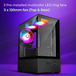 ZEBRONICS ROBUST Gaming Chassis, mATX/Mini ITX, Tempered Glass, 120mm LED 3 Fans Mid tower Cabinet with USB 2.0 and USB 