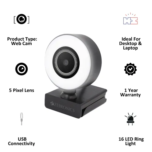 Image of ZEBRONICS USB Web Cam (16 LED Ring Light, ZEB-Ultimate Star, Black) .