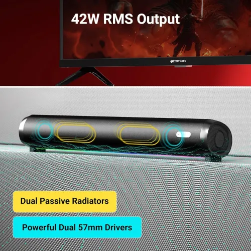 Image of Zebronics Wireless Bluetooth Soundbar, 42 Watts, Upto 7h Playback, Dual 57mm Drivers, Dual Passive Radiators, TWS, Call 