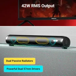 Zebronics Wireless Bluetooth Soundbar, 42 Watts, Upto 7h Playback, Dual 57mm Drivers, Dual Passive Radiators, TWS, Call 