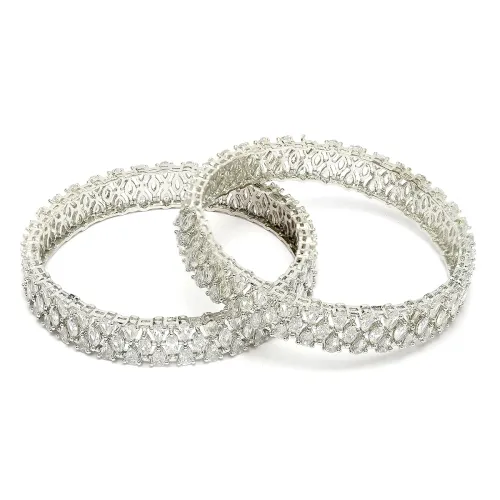 Image of ZENEME Rhodium-Plated Silver Toned White American Diamond Studded Bangle Set for Women and Girls