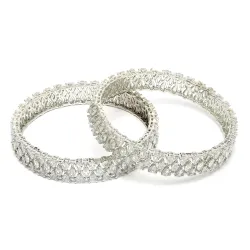 ZENEME Rhodium-Plated Silver Toned White American Diamond Studded Bangle Set for Women and Girls