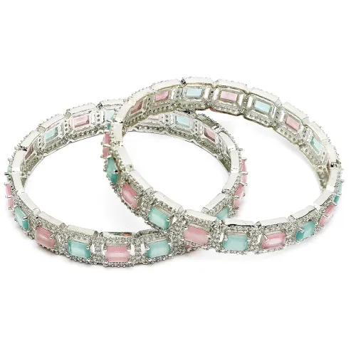 Image of ZENEME Rhodium-Plated Silver Toned American Diamond Square Shaped studded Bangle