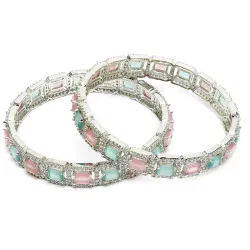 ZENEME Rhodium-Plated Silver Toned American Diamond Square Shaped studded Bangle