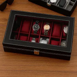 ZENWOOD 12-Slot Watch Box – Black Leatherette with Maroon Velvet