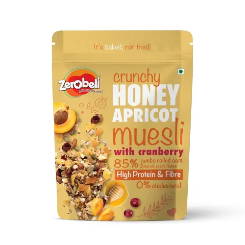 Image of Zerobeli Crunchy Honey Apricot Muesli with Cranberry 400g | Wholegrain Blend with Apricots, Cranberry, Almonds, Pumpkin 