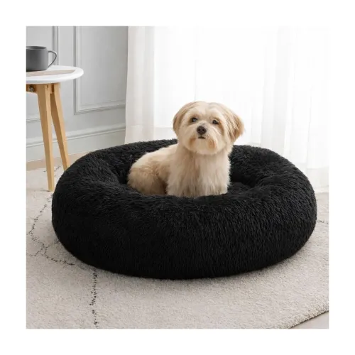 Image of ZEXSAZONE Black Plush Dog Bed Summer – Anti-Anxiety Round Donut Pet Bed with Raised Edges | Soft Faux Fur Calming Bed fo
