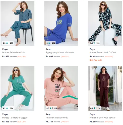 Image of Zeyo Women's Printed T-Shirt With Jogger @ Flat 80% Discount