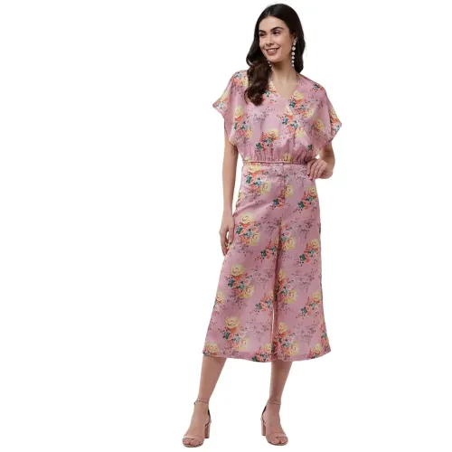 Image of Zima Leto Women’s Pink Satin Co-Ord Set | Floral Digital Printed V-Neck Loose Top with High Waist Pants | Stylish Summer