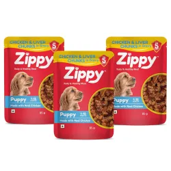ZIPPY 1-12 Month Puppy Dog Food 255g, Pack of 3 (85g Each Pack) Chicken & Liver Chunks in Gravy of Real Chicken | Gravy 