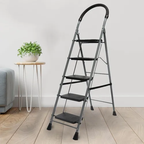 Image of Zolmix® Premium Steel Ladder, Stairs for Home, Foldable 5 Step Ladder, Sidi, Safety Clutch Lock, Anti Slip Steps, Knee G