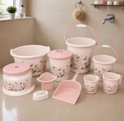 ZOOQ 10 Pcs Baby Pink Color Bath Set | Bucket for Bathroom | Bathroom Bucket Set | 20 L Plastic Bucket (Pink)