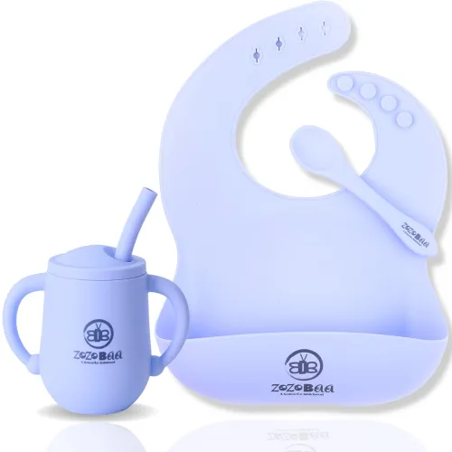 Image of ZoZoBaa Store Small Silicone Baby Training Straw Cup with Baby Bib & Spoon Set| Shatterproof Feeding Set for Toddlers|3 