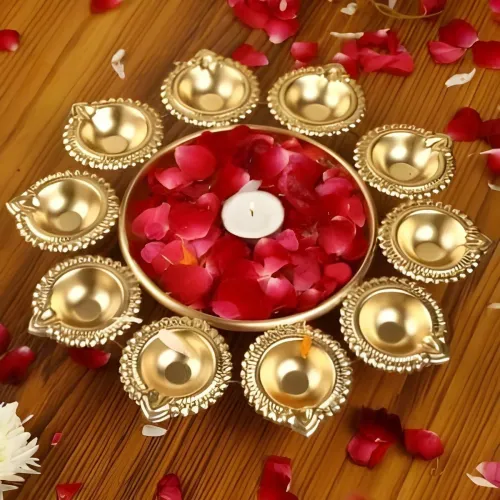 Image of ZUNISHOP Urli Golden Shiny Finish 10 Diyas Decorative Iron Table Diya (Height: 10 inch)