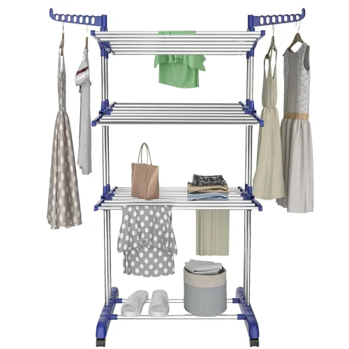 Image of Zureni Cloth Drying Stand Foldable & Portable Heavy Duty Stainless Steel Clothes Dryer 3 Tier Rack with Double Pole and 