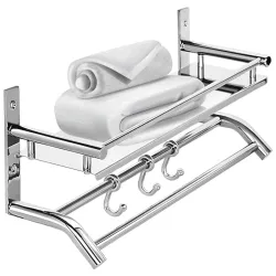 Zureni Folding Towel Rack for Bathroom 304 Grade Stainless Steel Wall Mount with Multipurpose Hooks & Hanger Bar Accessories and Fittings Shelf for Kitchen Washroom Wash Basin (Silver-1001A)