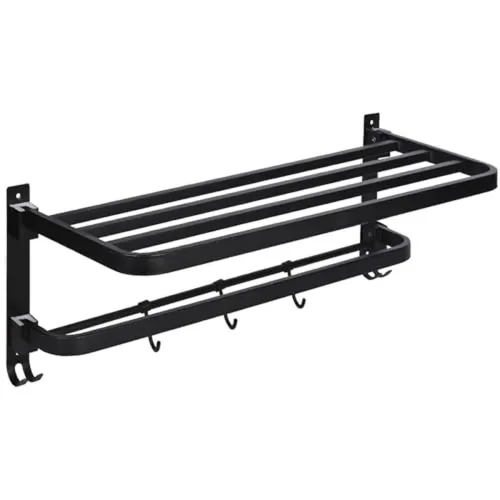 Image of Zureni Folding Towel Rack for Bathroom Aluminium Wall Mount with Hanger Bar & Multipurpose Hooks Accessories and Fitting