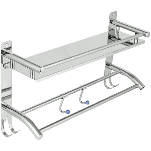 Image of Zureni 2-in-1 Shelf Rack for Bathroom 304 Grade Stainless Steel Towel Hanger with Multiple Hooks Multipurpose Wall Mount