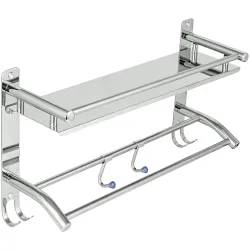 Zureni 2-in-1 Shelf Rack for Bathroom 304 Grade Stainless Steel Towel Hanger with Multiple Hooks Multipurpose Wall Mount