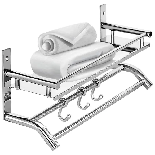 Image of Zureni Folding Towel Rack for Bathroom 304 Grade Stainless Steel Wall Mount with Multipurpose Hooks & Hanger Bar Accesso