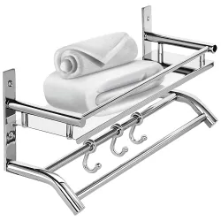 Zureni Folding Towel Rack for Bathroom 304 Grade Stainless Steel Wall Mount with Multipurpose Hooks & Hanger Bar Accesso