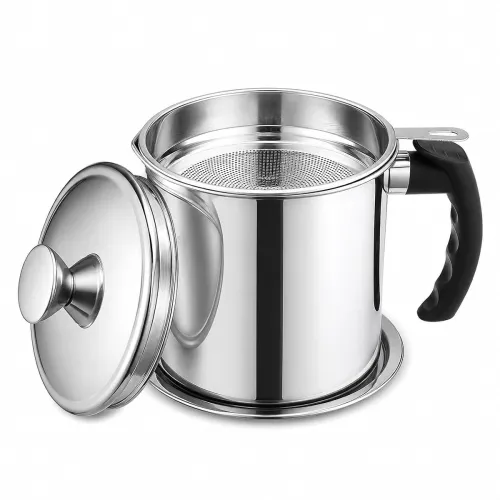 Image of Zyphen Stainless Steel Oil Strainer Pot with Fine Mesh Filter & Lid