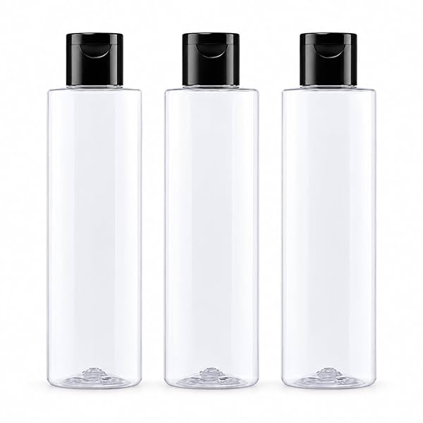 200ml Empty Clear Round Plastic Bottle with Black Flip Top Cap (Pack of 3)