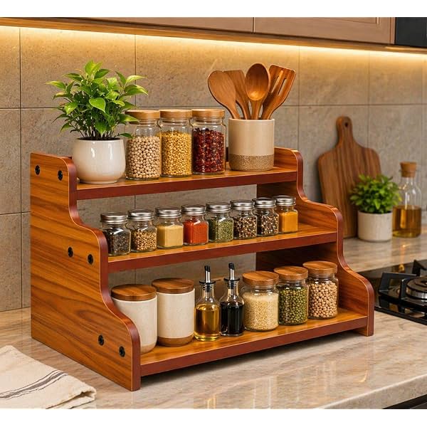 3-Tier Spice Rack, 13.8 Inch Wood Step