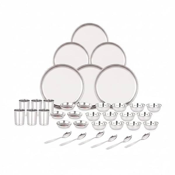 36 Pieces Stainless Steel Dinnerware/Dinner Set - 6 Thali, 6 D.Plate, 12 Bowl, 6 Glass, 6 Spoon, Kitchen Set for Home &