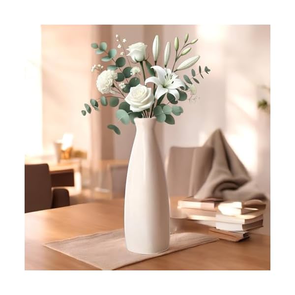 PulGos White Ceramic Flower Vase – Stylish Bottle Shape Design, Ideal for Office and Living Room Centerpieces, Elegant Pot …