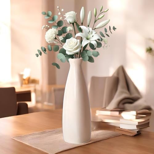 PulGos White Ceramic Flower Vase – Stylish Bottle Shape Design, Ideal for Office and Living Room Centerpieces, Elegant Pot …