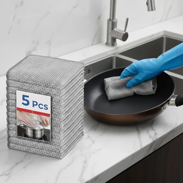 [ 5-pcs ] Non-Scratch Dish Wash Cloth, Steel Wire Dish Cloth